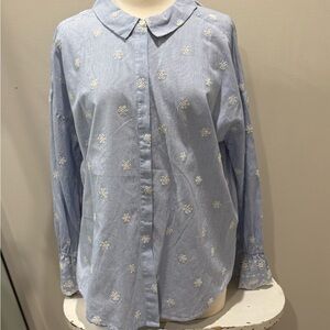 Sanctuary Light Blue Button Down Shirt with White Floral Embroidery